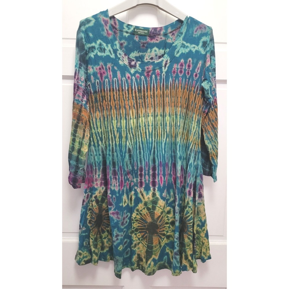 Kathmandu Women's 3/4 Sleeve Viscose Tie Dye T-Shirt Boho Dress - Sz M/L